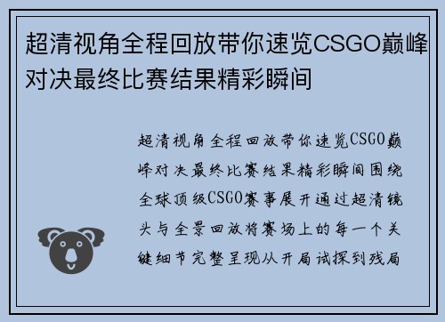 超清视角全程回放带你速览CSGO巅峰对决最终比赛结果精彩瞬间