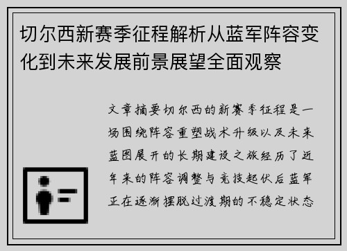 切尔西新赛季征程解析从蓝军阵容变化到未来发展前景展望全面观察